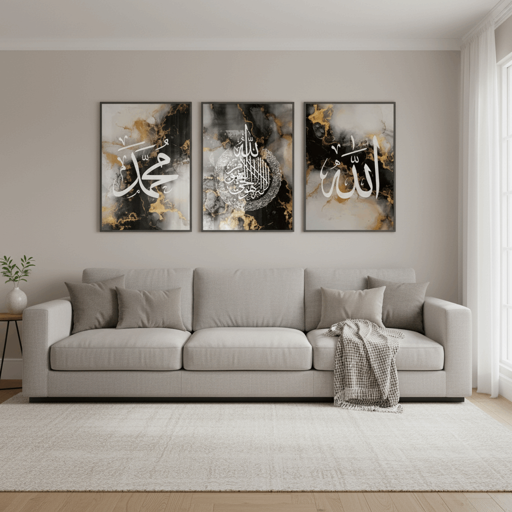 Living room with a gray sofa and three framed artworks on the wall.
