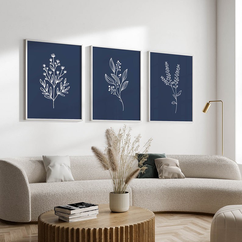 Navy Blue Botanical Wall Art Set of 3