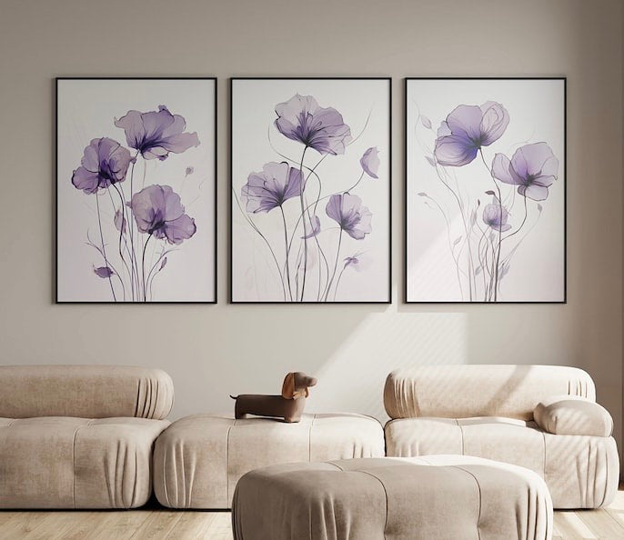 Purple Watercolor Floral Wall Art Set of 3