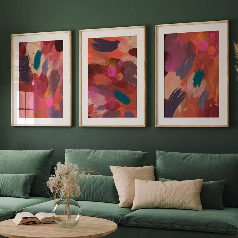Abstract Pink & Burgundy Wall Art Set of 3