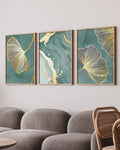Teal & Gold Ginkgo Leaf Wall Art Set of 3
