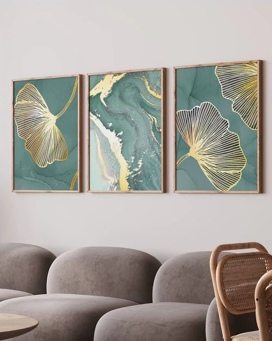 Teal & Gold Ginkgo Leaf Wall Art Set of 3
