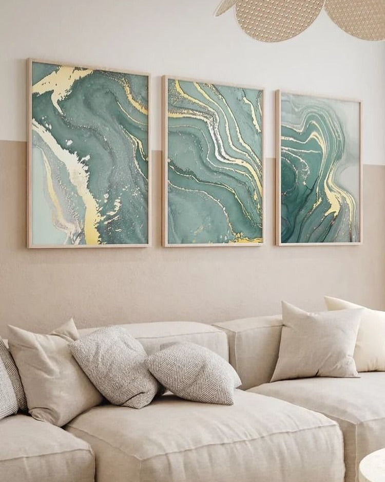 Teal Marble Abstract Wall Art Set of 3
