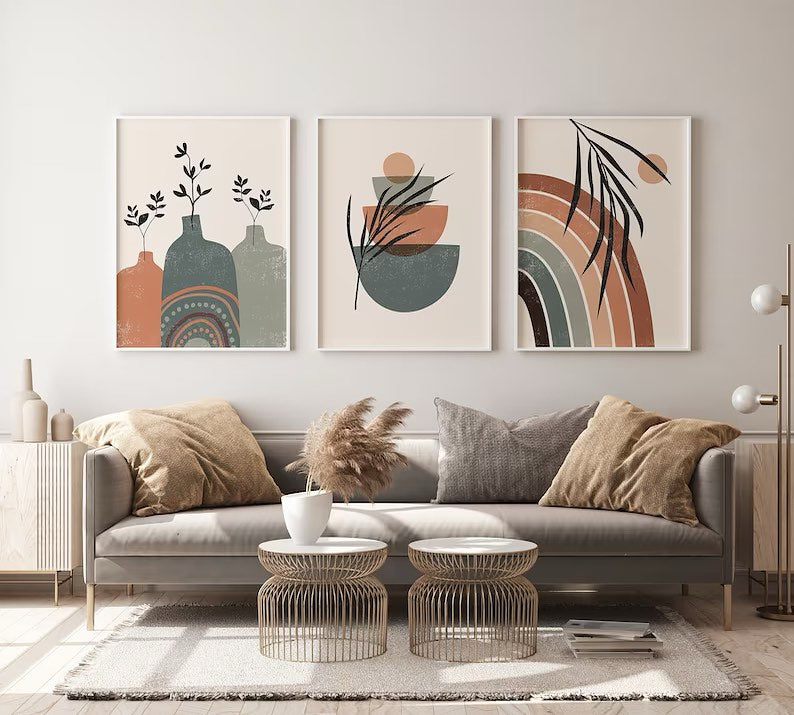 Boho Abstract Wall Art Set of 3 | Mid Century Modern Botanical