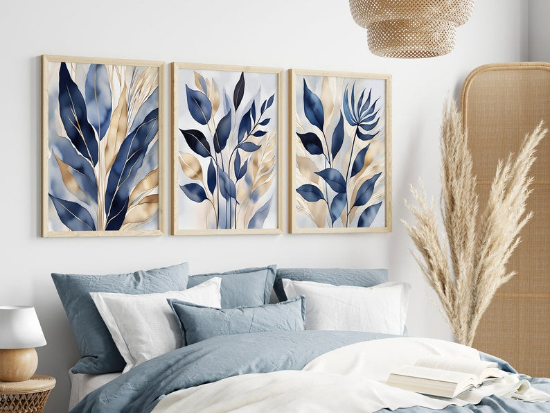 Blue & Gold Botanical Wall Art Set of 3