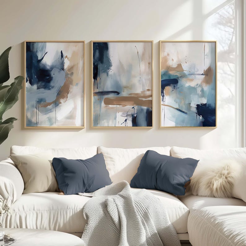 Modern Blue Abstract Wall Art Set of 3