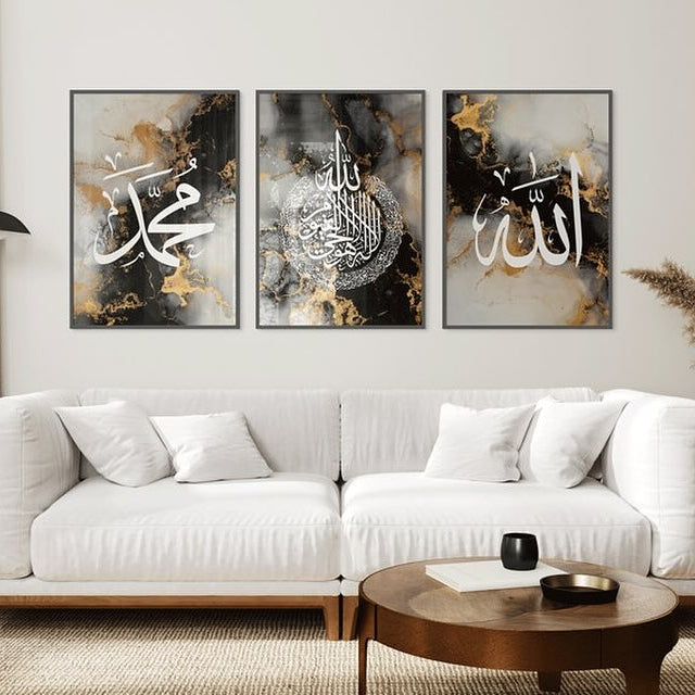 Living room with a white sofa, coffee table, and three framed artworks on the wall.